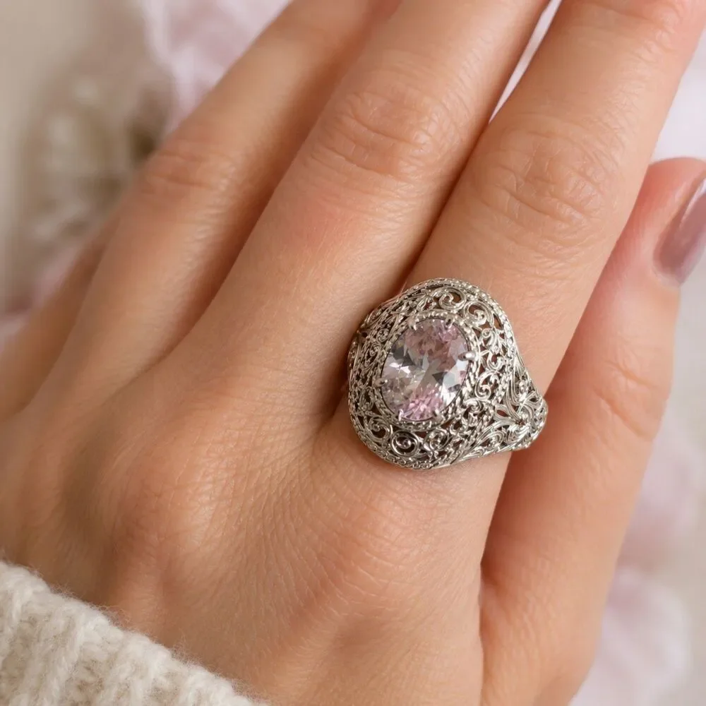 Vintage Style Filigree Cocktail Ring Silver Tone Clear Cubic Zirconia Statement